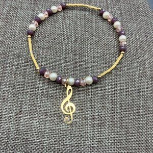 G Clef Charm Bracelet Stretch Gold Purple Pearl Music Musician Song Retro BoHo